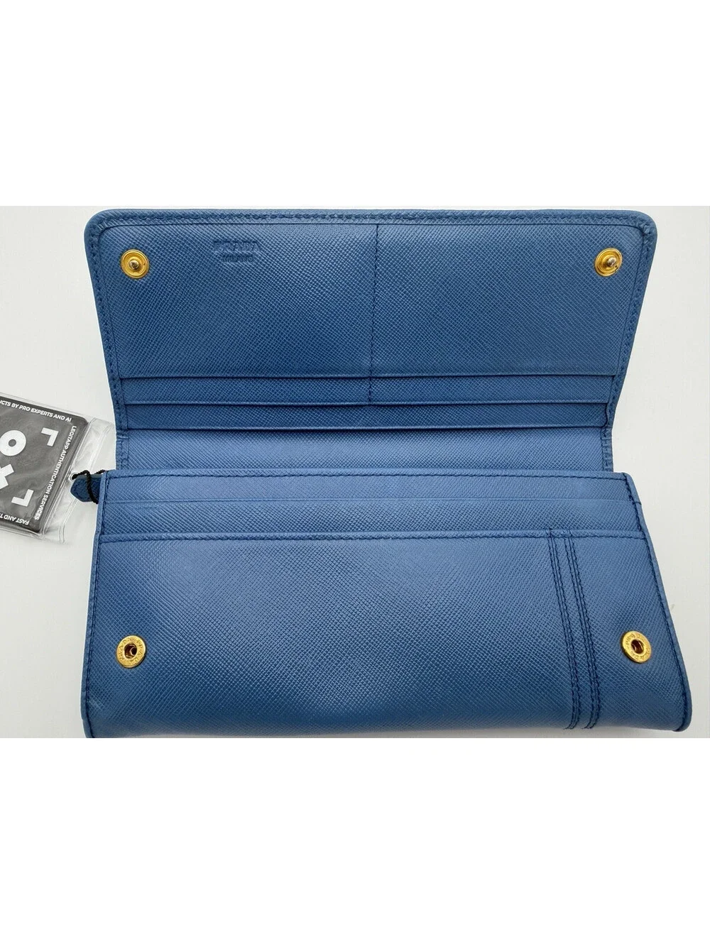 Authentic PRADA Blue Saffiano Leather Women Long Wallet Bow COA
